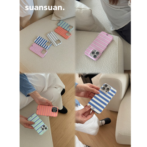 suansuan原创《撞色横条纹》韩国进口单层菲林磁吸半包磨砂手机壳适用iPhone17promax苹果16防摔15保护套小众