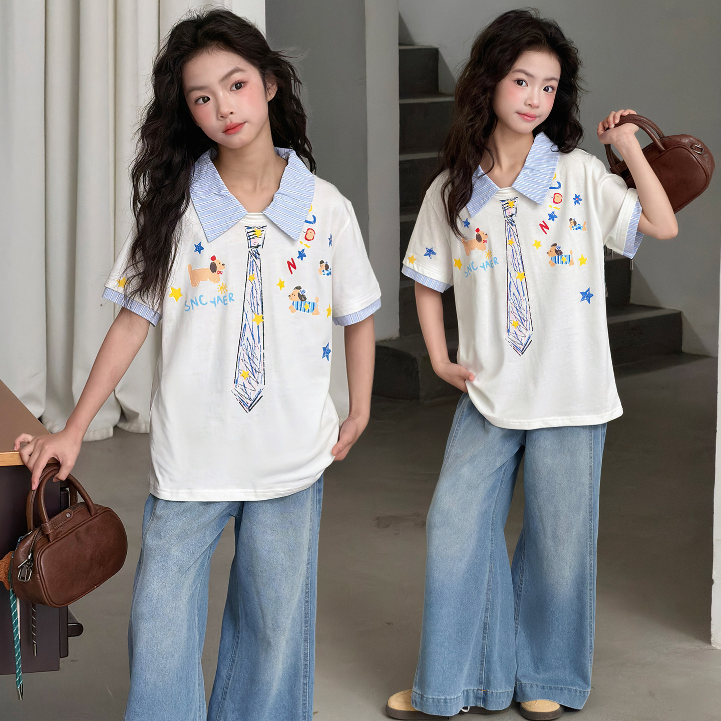 女童洋气套装儿童韩系短袖T恤2026新款儿童牛仔裤两件套夏装12岁9