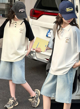 女童套装夏装2026新款儿童洋气短袖t恤夏季时髦牛仔短裤两件套潮