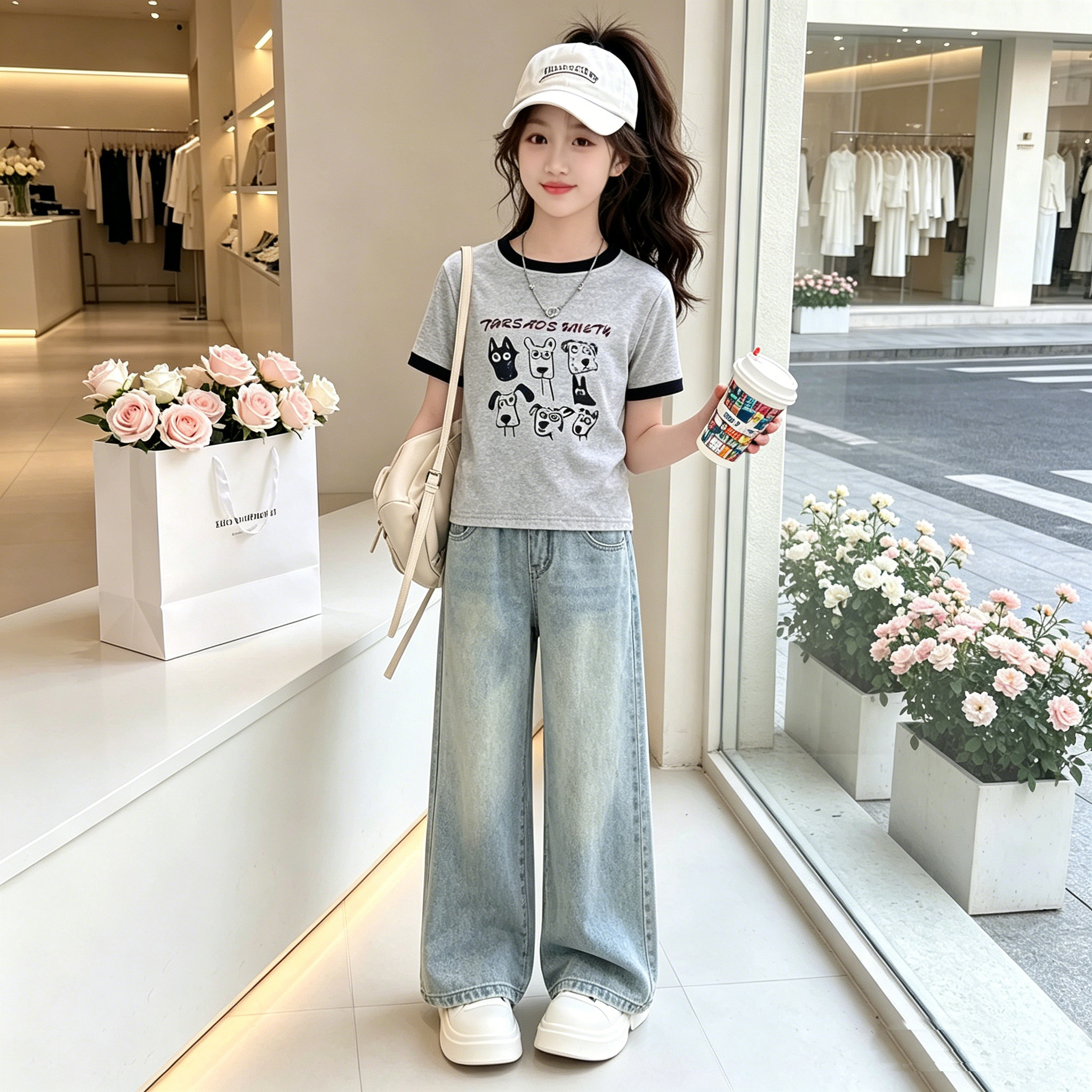 女童套装夏装2026新款儿童洋气百搭短袖中大童韩版牛仔裤两件套潮
