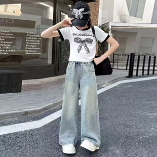 牛仔裤 女童夏装 两件套潮小女孩 女中大童短袖 2026新款 套装 洋气童装