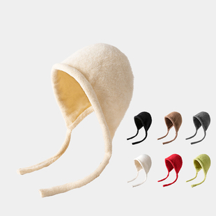 可爱系绳堆堆帽冬季白色保暖套头帽女生针织毛线护耳雷锋帽子秋冬