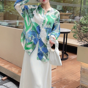 -雅典女神北欧风情气质花纹夏季轻薄苎麻防晒衬衫飘逸长半裙套装