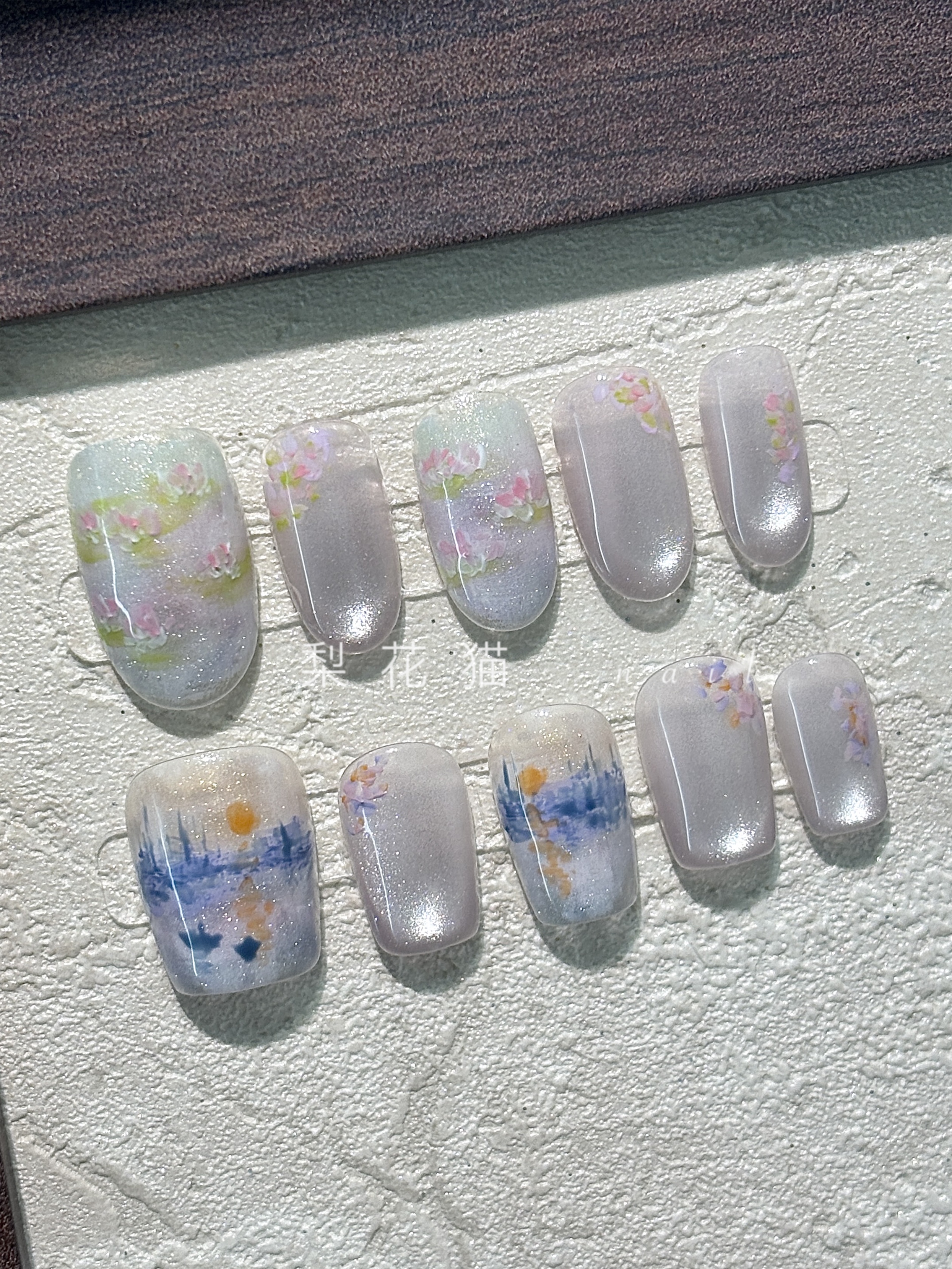 纯手绘莫奈睡莲日出显白新款猫眼爆款穿戴甲油画风指甲美甲短款