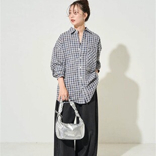 日潮freaks store25秋宽松廓形oversize泡泡纱格纹休闲女衬衫衬衣