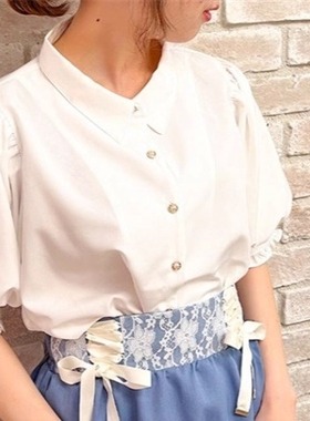 axes新泡泡灯笼袖半袖宽松女衬衣软滑悬垂不易皱甜美日系白色衬衫