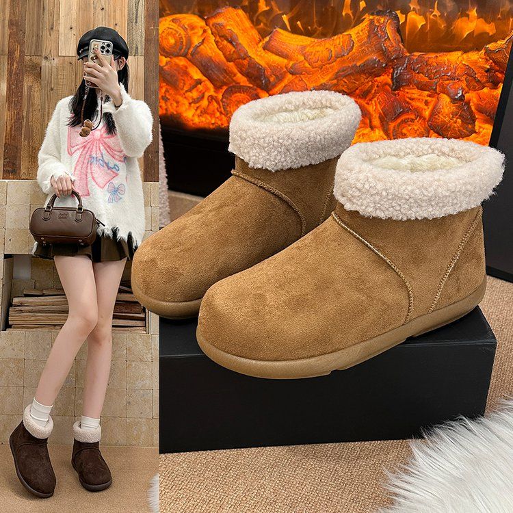 2025冬新款雪地靴低跟圆头勃肯短靴保暖时尚棉鞋可下翻两穿女鞋潮