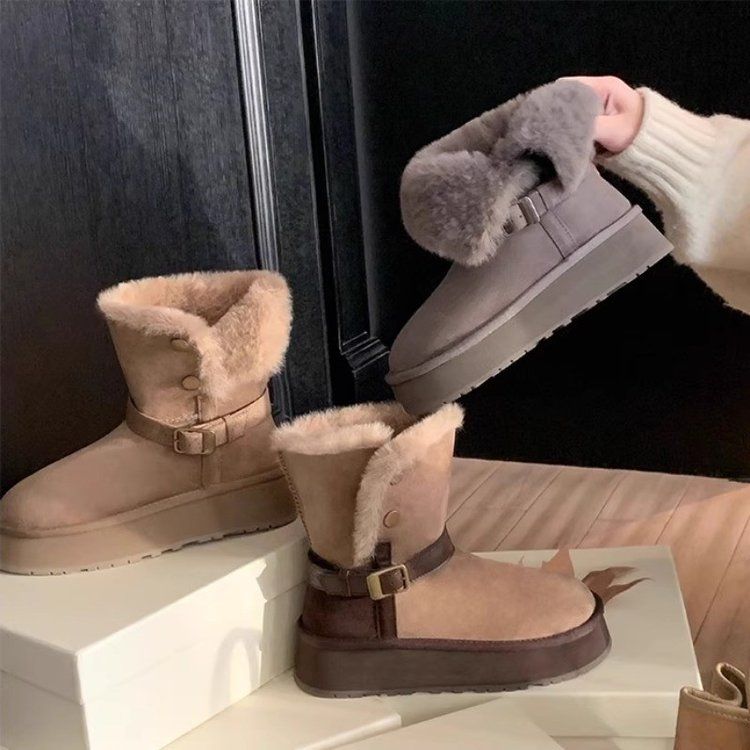 河南桑坡村羊皮毛一体纯羊毛牛角扣厚底雪地靴女冬季短筒短靴