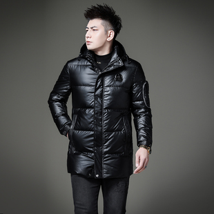 欧洲站新款保暖加厚羽绒服男连帽中长款高端青年潮牌亮面休闲冬季