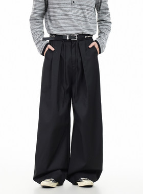 GCINIM401美式复古老钱风黑色阔腿西裤男宽松垂感高级感廓形长裤