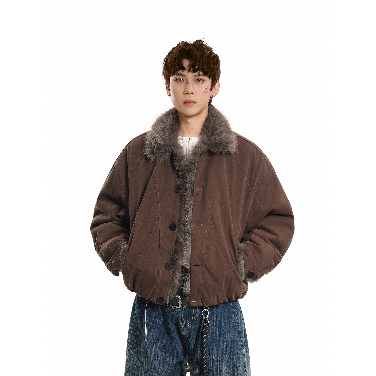 GCINIM401美式复古风翻领毛领加厚棉衣男女宽松保暖工装棉服外套