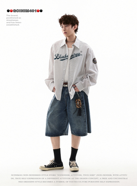 GCINIM401美式复古条纹字母印花长袖衬衫男宽松bf风翻领衬衣