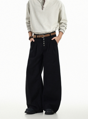 GCINIM401潮流高腰排扣工装西裤男女黑色宽松阔腿百搭高级感长裤