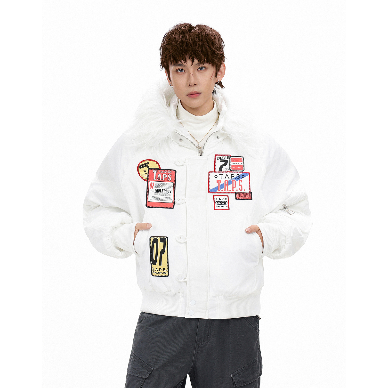 GCINIM401美式复古补丁绣章毛领连帽棉衣男女冬季潮牌夹棉外套