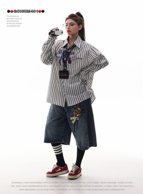 GCINIM401美式复古条纹印花长袖衬衫男宽松翻领百搭休闲衬衣外套