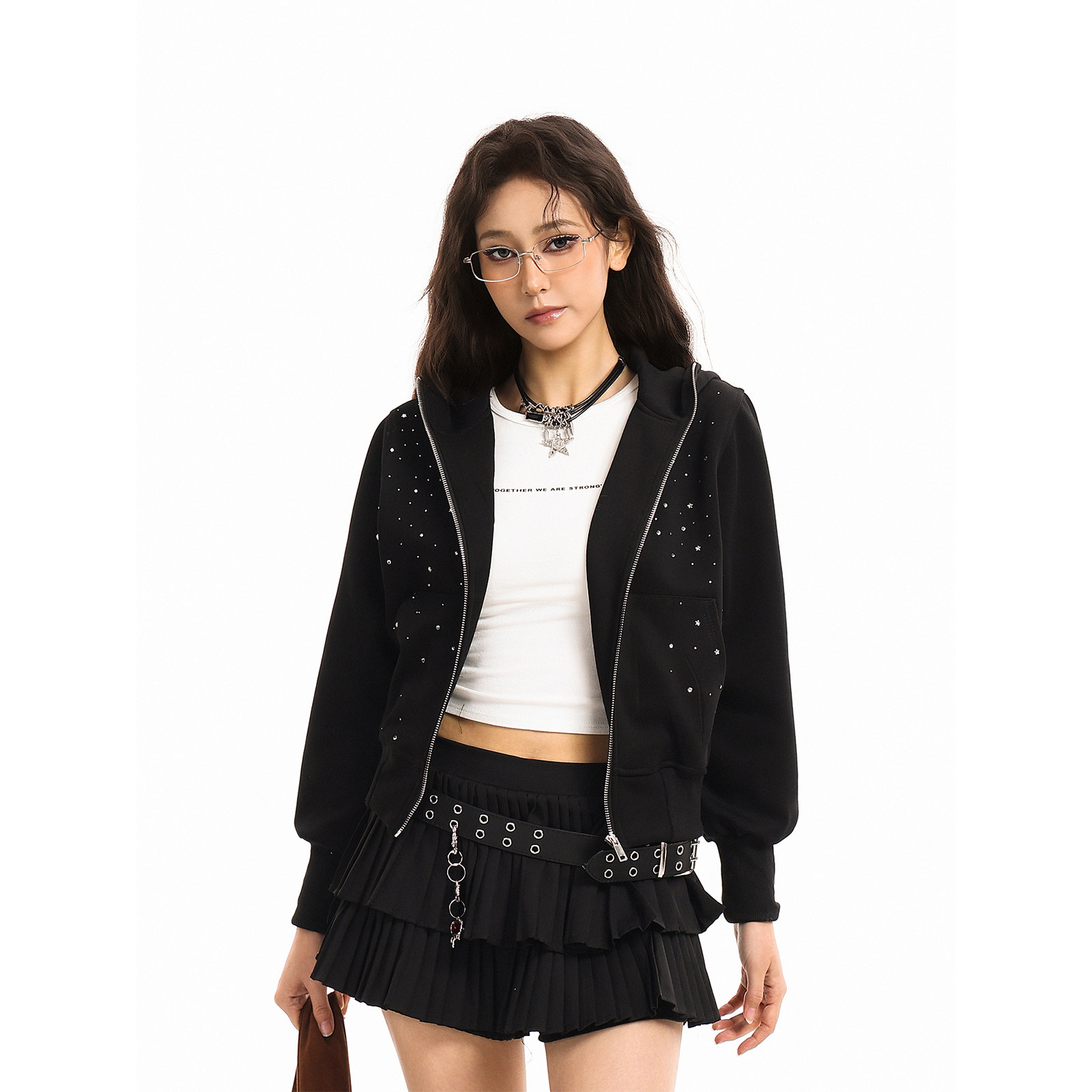 GCINIM401黑色满天星连帽拉链开衫女短款外套收腰显瘦闪钻卫衣女