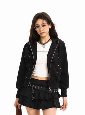GCINIM401黑色满天星连帽拉链开衫女短款外套收腰显瘦闪钻卫衣女