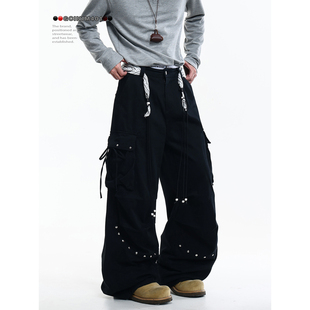 黑色腰绳设计 风多口袋阔腿男宽松直筒长裤 GCINIM401美式 街头工装