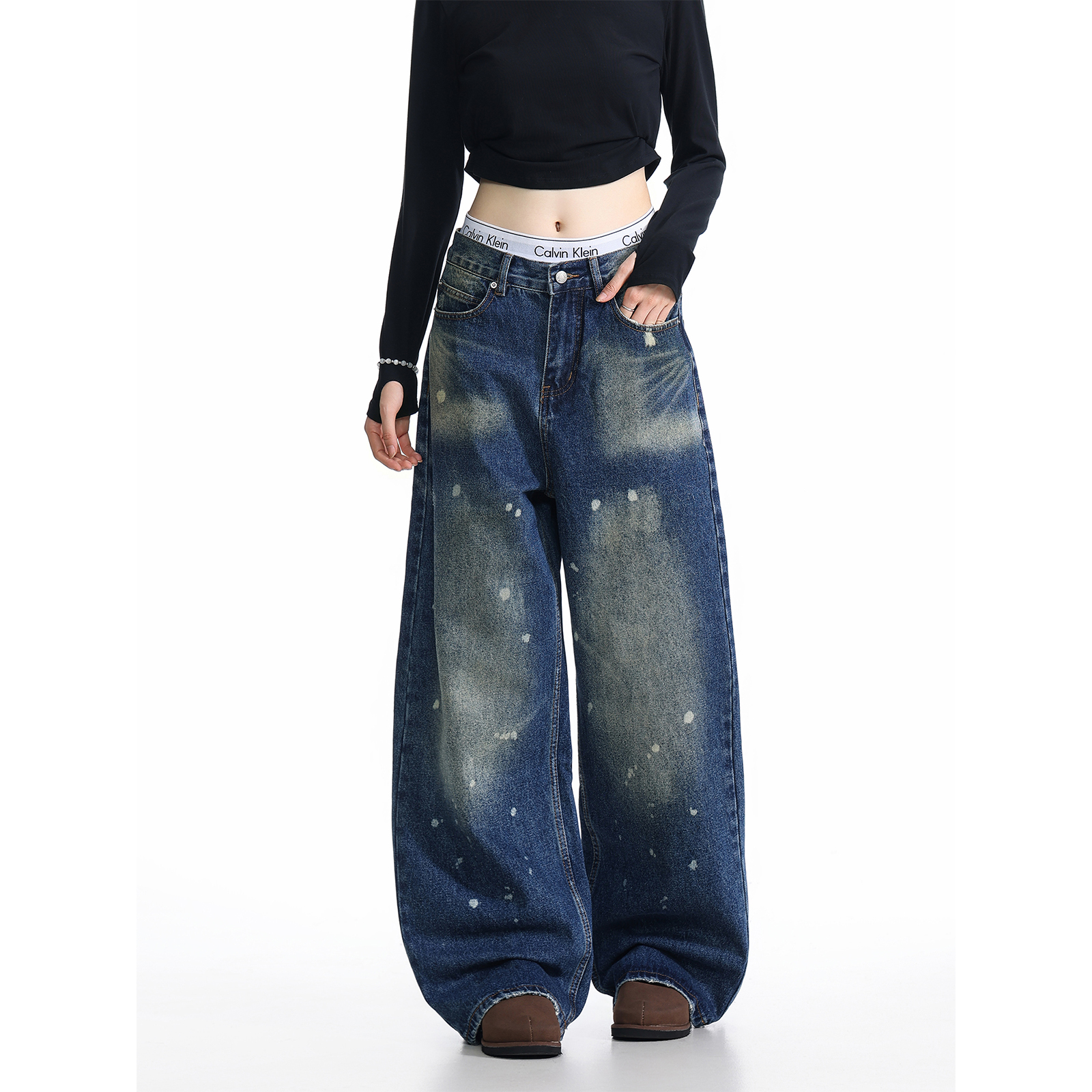 弯刀牛仔裤男女新款宽松显瘦裤子