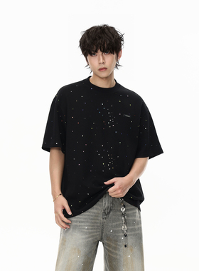GCINIM401夏季潮牌黑色满天星彩色烫钻短袖美式设计感休闲半袖T恤