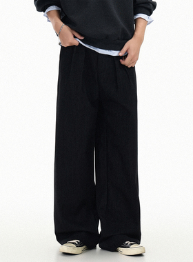 GCINIM401黑色阔腿休闲裤男宽松慵懒感长裤阔腿裤男士松弛牛仔裤