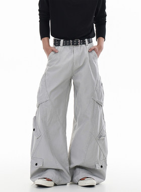 GCINIM401美式工装风多口袋阔腿裤男女宽松设计感弯刀裤灰色长裤