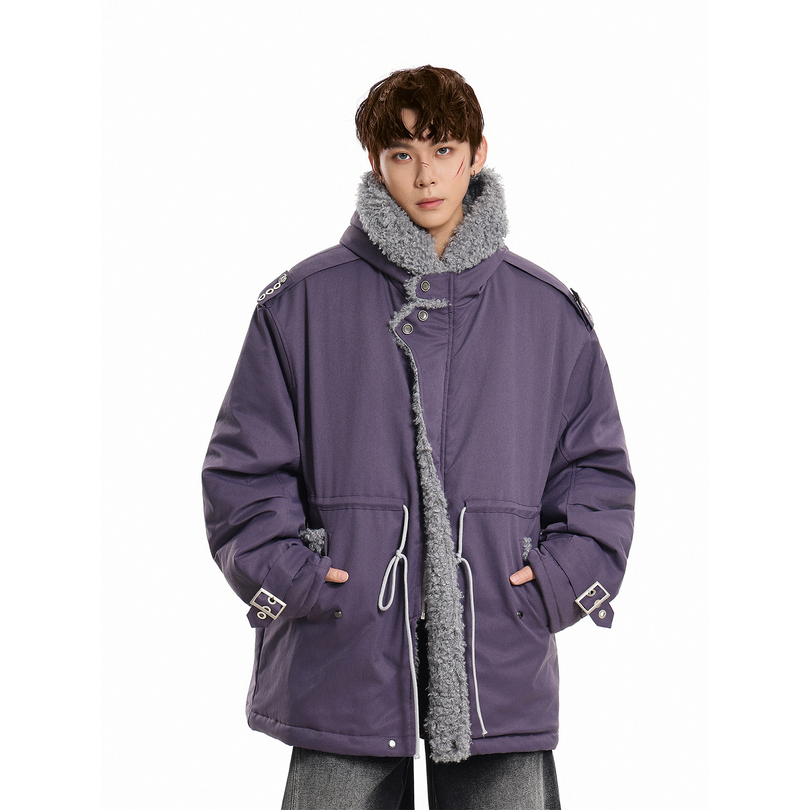 GCINIM401羊羔毛领连帽棉衣男女冬季加厚中长款工装外套宽松棉服