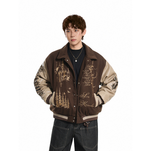 GCINIM401美式复古风重磅刺绣棒球服男女拼接宽松翻领夹克外套