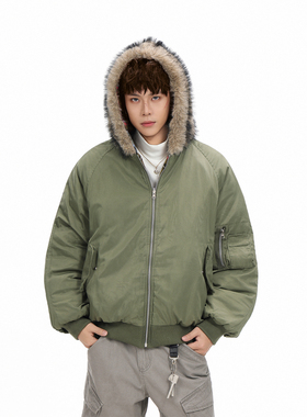 GCINIM401美式复古毛领双面穿棉衣男女加厚军绿色连帽冬季外套