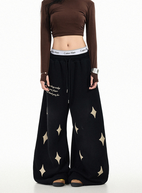GCINIM401美式街头休闲风黑色星星印花卫裤男女宽松直筒百搭长裤