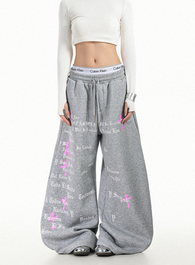 GCINIM401街头风字母印花阔腿卫裤女灰色宽松直筒休闲裤高街风