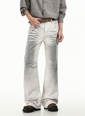 GCINIM401美式风做旧猫须白色牛仔裤男街头休闲阔腿长裤高街风格