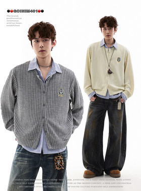 GCINIM401美式复古假两件条纹开衫男学院风宽松设计感长袖外套