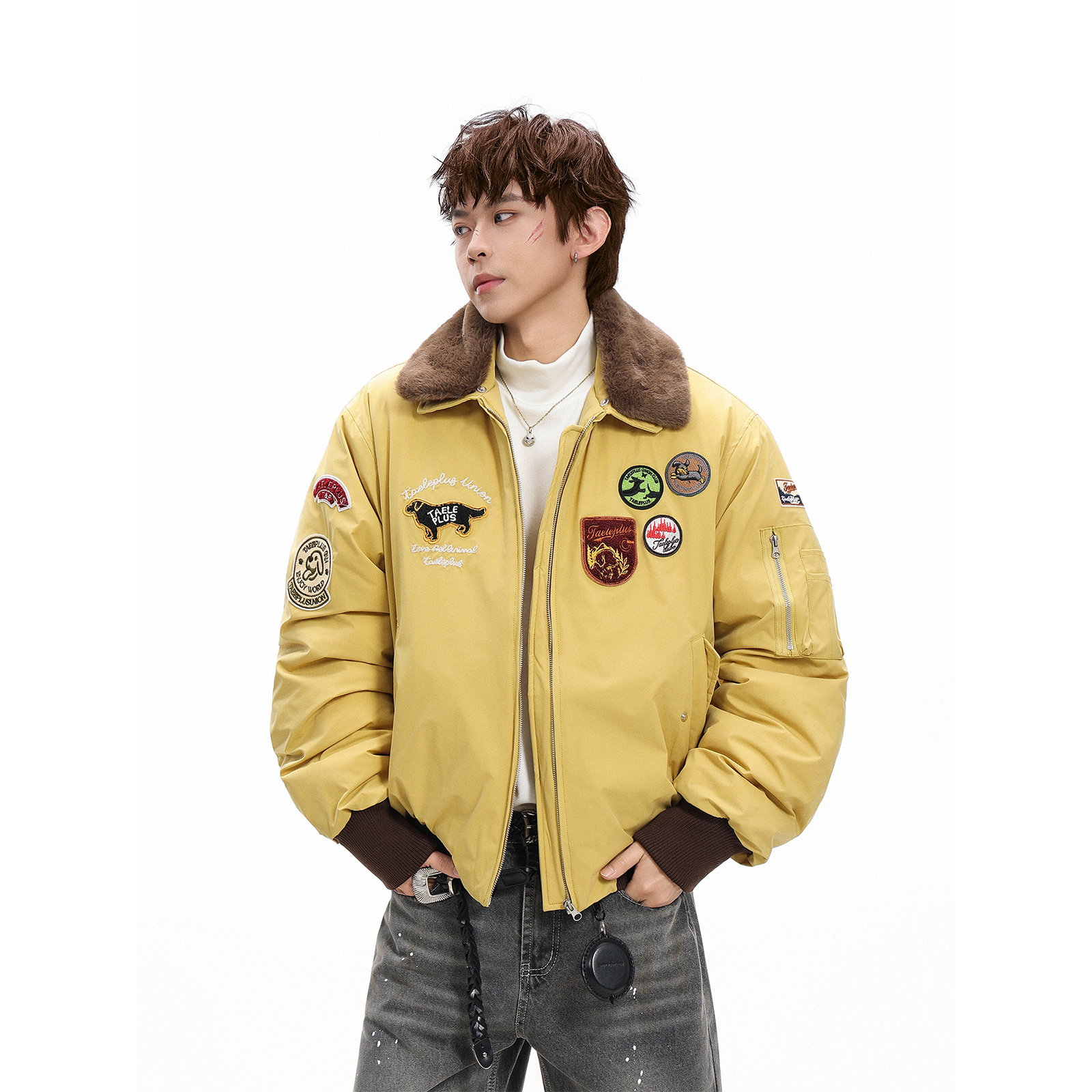 GCINIM401美式复古毛领飞行员夹克棉服男女潮牌加厚刺绣徽章外套