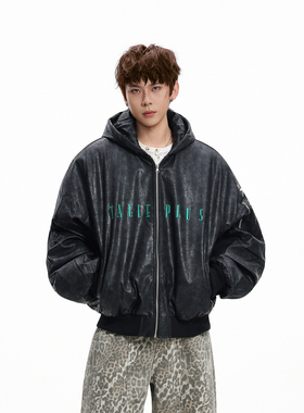 GCINIM401美式复古连帽字母黑色皮衣男女宽松潮牌情侣皮衣外套