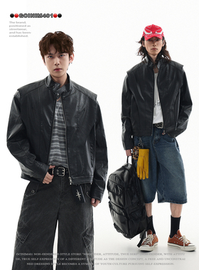 GCINIM401美式复古立领皮夹克男廓形机车服黑色短款外套潮流