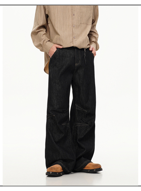 GCINIM401小众设计感cleanfit黑色牛仔裤美式复古直筒宽松弯刀裤