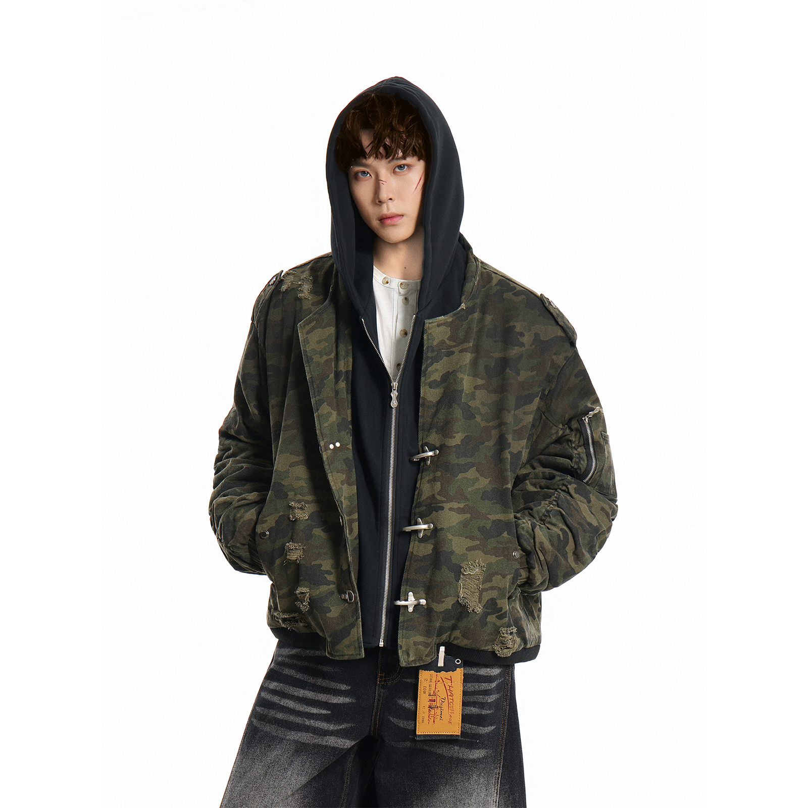 GCINIM401美式迷彩风连帽飞行员夹克男女假两件拉链加厚棉衣外套