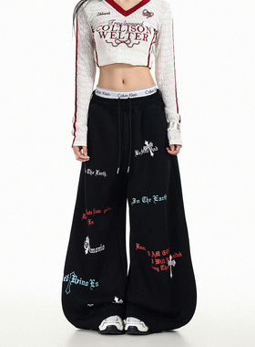 GCINIM401街头风黑色字母印花阔腿卫裤女宽松百搭复古长裤潮