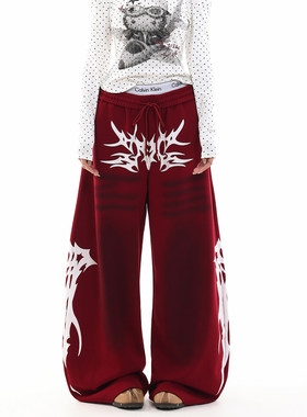 GCINIM401美式复古图腾印花弯刀卫裤女宽松阔腿裤红色高街风潮牌