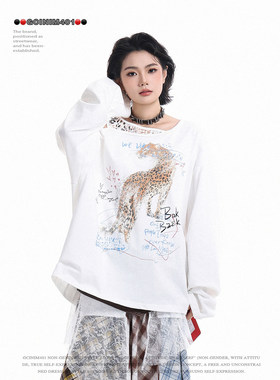 GCINIM401美式复古辣妹豹纹涂鸦印花露肩卫衣女白色宽松长袖上衣