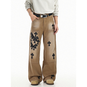 GCINIM401美式 男做旧宽松休闲长裤 复古立体十字架印花阔腿工装 裤