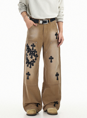 GCINIM401美式复古立体十字架印花阔腿工装裤男做旧宽松休闲长裤
