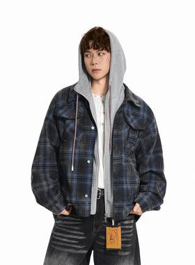 GCINIM401美式复古格纹假两件连帽夹克男女小众设计感连帽外套