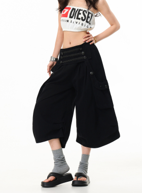 美式复古解构风阔腿裤女黑色A字形七分裤宽松设计感街头休闲裤