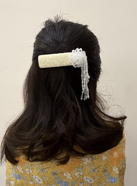 可可手工~重工真丝小众设计感流苏发夹边夹新中式百搭气质发饰女