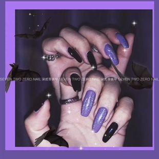 柒贰零Nail 手工光疗穿戴甲可拆卸假指甲 欧美风酷女孩黑紫镭射