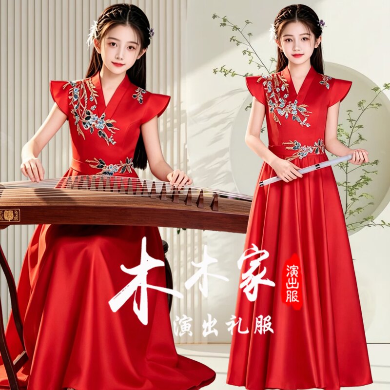 定制新款儿童独唱礼服国风中大童红色显瘦舞台表演民乐古筝演出服