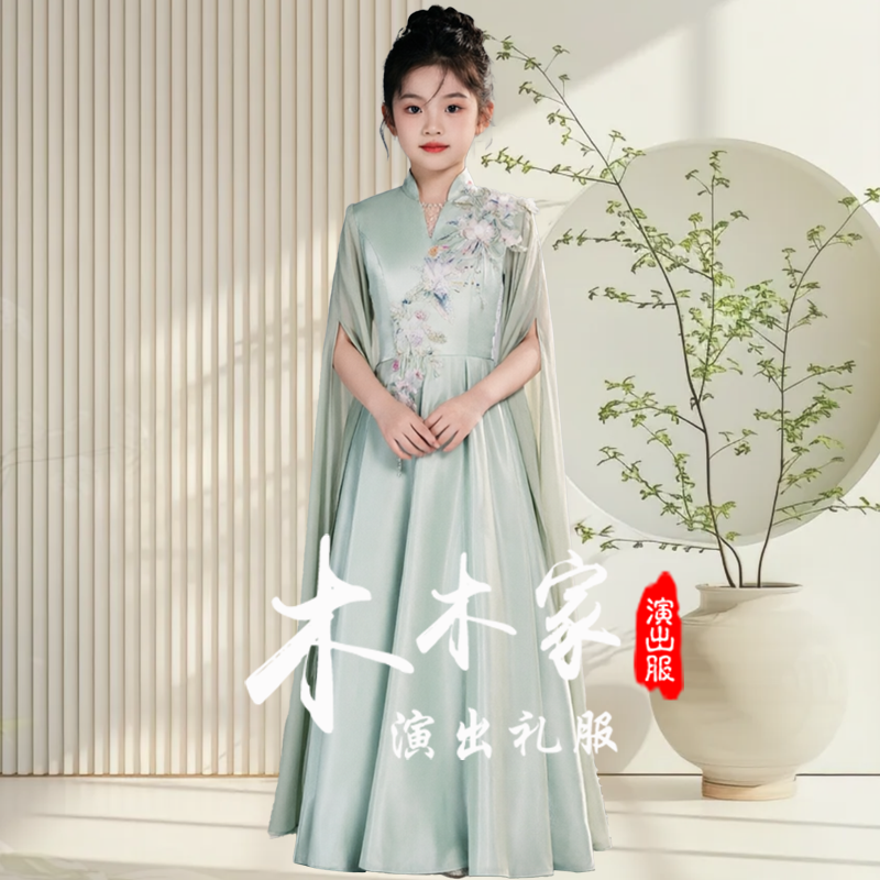 定制中国风古筝演出服女童装艺考生表演民乐独奏舞台独唱礼服长裙