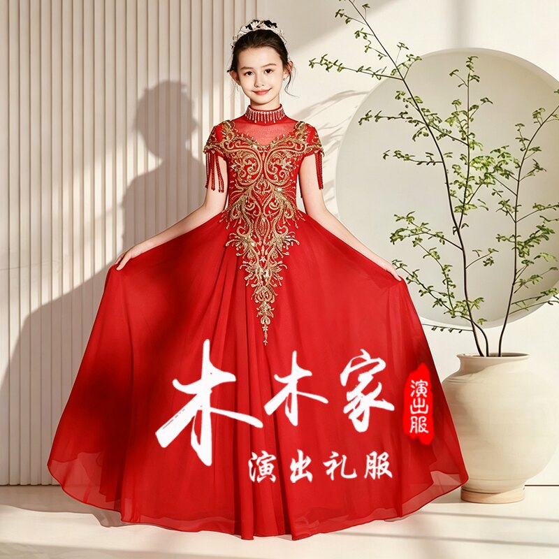 新中式女童高端轻奢小众公主裙女儿童古筝二胡琵琶演奏服礼服红色